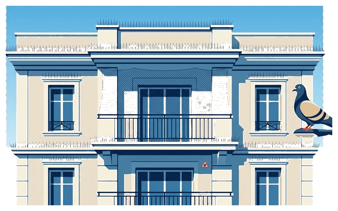Illustration de protection anti-pigeons sur un bâtiment